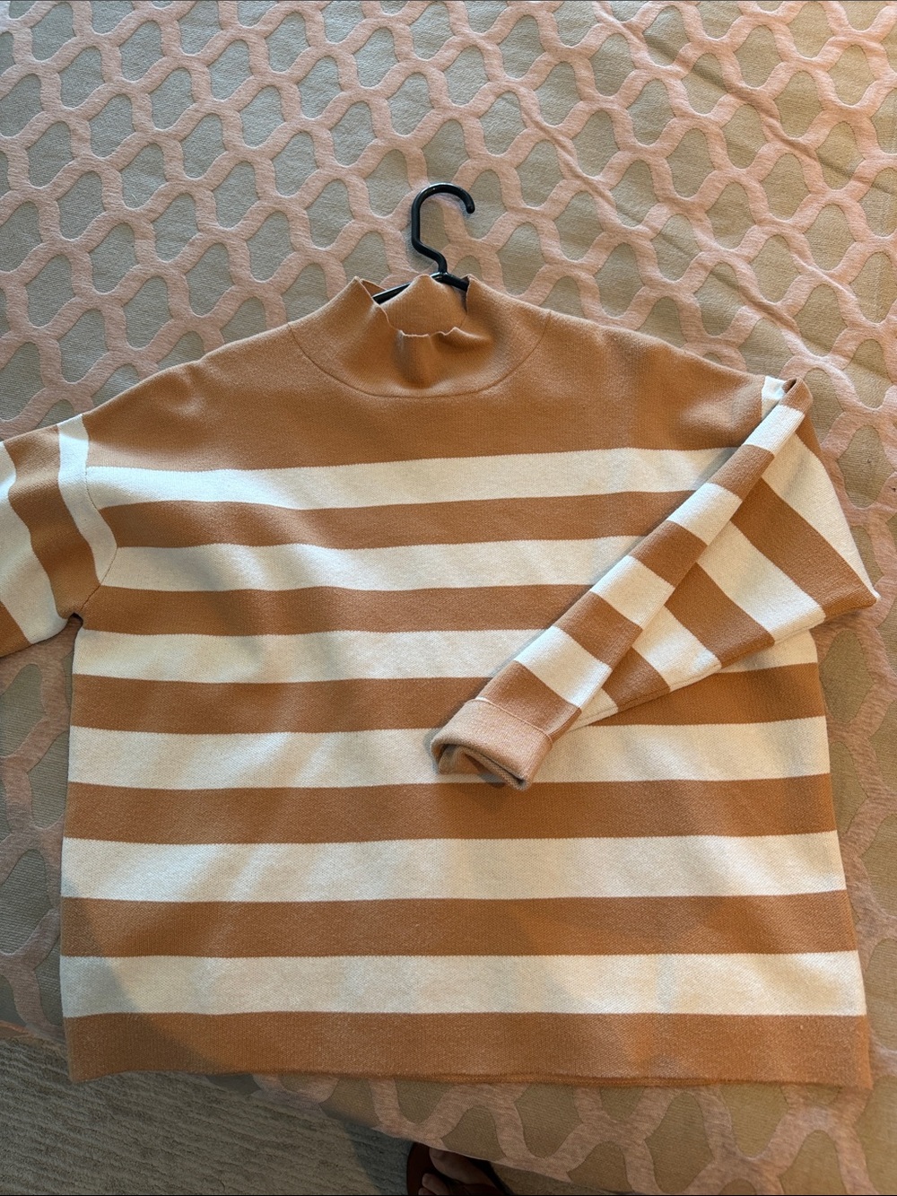 Elie Tahari Tan and Cream Striped Turtleneck Sweater